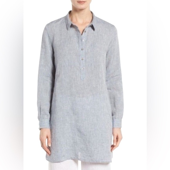 Eileen Fisher Dresses & Skirts - Eileen Fisher Organic Linen Tunic Popover Shirt Dress Chambray Blue‎ Size LG